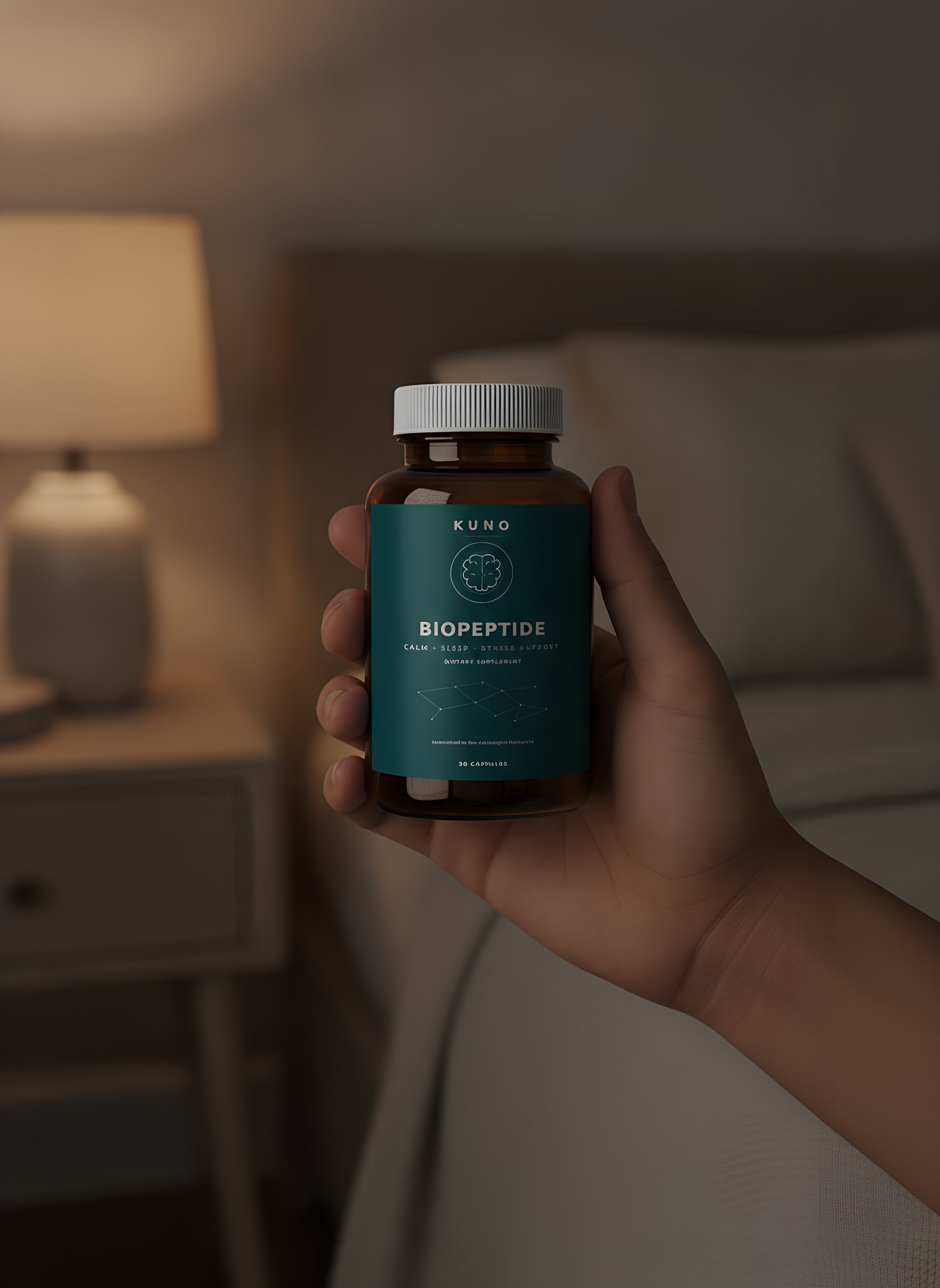 Hand holding KUNO Biopeptide at the bedside